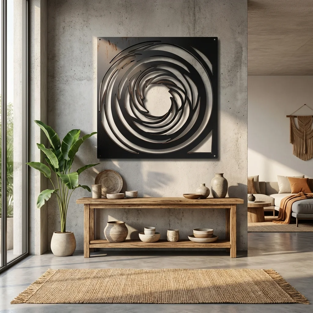 Metalowa dekoracja ścienna Spiralis III – Spiralne Ostrza na jasnej ścianie w nowoczesnym wnętrzu