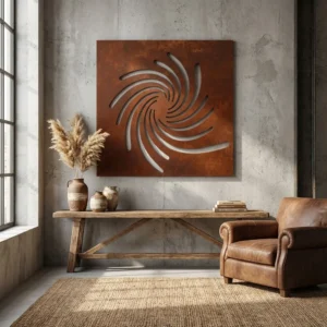 Metalowa dekoracja ścienna Spiralis V – Spiralny Rytm w stylu corten na jasnej ścianie
