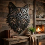 Metalowa dekoracja ścienna Wolf Geo 2 na drewnianej ścianie w rustykalnym wnętrzu