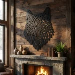 Metalowa dekoracja ścienna Wolf Nature na drewnianej ścianie nad kominkiem w rustykalnym wnętrzu