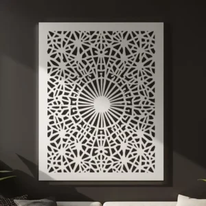 Panel dekoracyjny metalowy Gwiezdna Sieć z geometrycznym wzorem przypominającym sieć gwiazd i promieniste okręgi.