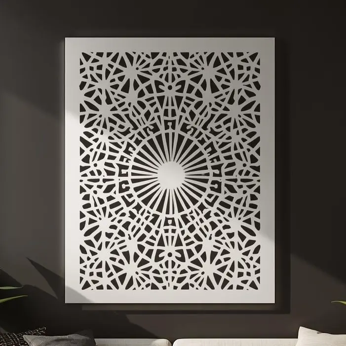 Panel dekoracyjny metalowy Gwiezdna Sieć z geometrycznym wzorem przypominającym sieć gwiazd i promieniste okręgi.