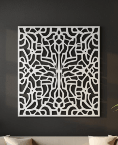 Panel dekoracyjny ażurowy Neuron z metalu, geometryczny wzór inspirowany siecią nerwową, biały