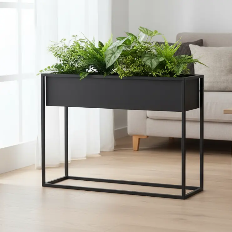 Kwietnik metalowy czarny Slim – nowoczesny stojak na kwiaty z prostokątną donicą