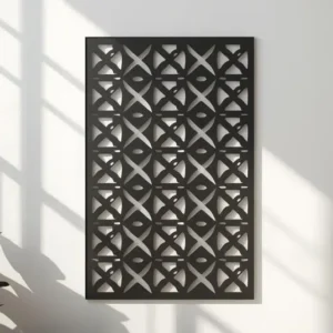 Czarny metalowy panel dekoracyjny Modern Grid z geometrycznym wzorem w stylu nowoczesnej kratownicy, zawieszony na ścianie.