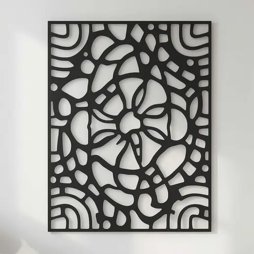 Czarny metalowy panel dekoracyjny Abstrakcyjne Echo z geometryczno-organicznym wzorem na białej ścianie