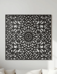 Panel dekoracyjny ażurowy Mandala Stella z metalu, wzór gwiazdy inspirowany mandalą, czarny