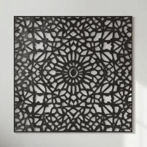 Panel dekoracyjny ażurowy Mandala Stella z metalu, wzór gwiazdy inspirowany mandalą, czarny