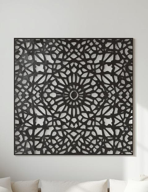 Panel dekoracyjny ażurowy Mandala Stella z metalu, wzór gwiazdy inspirowany mandalą, czarny