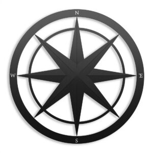 Czarna metalowa dekoracja ścienna w kształcie róży wiatrów – ośmiokierunkowy kompas w okręgu.