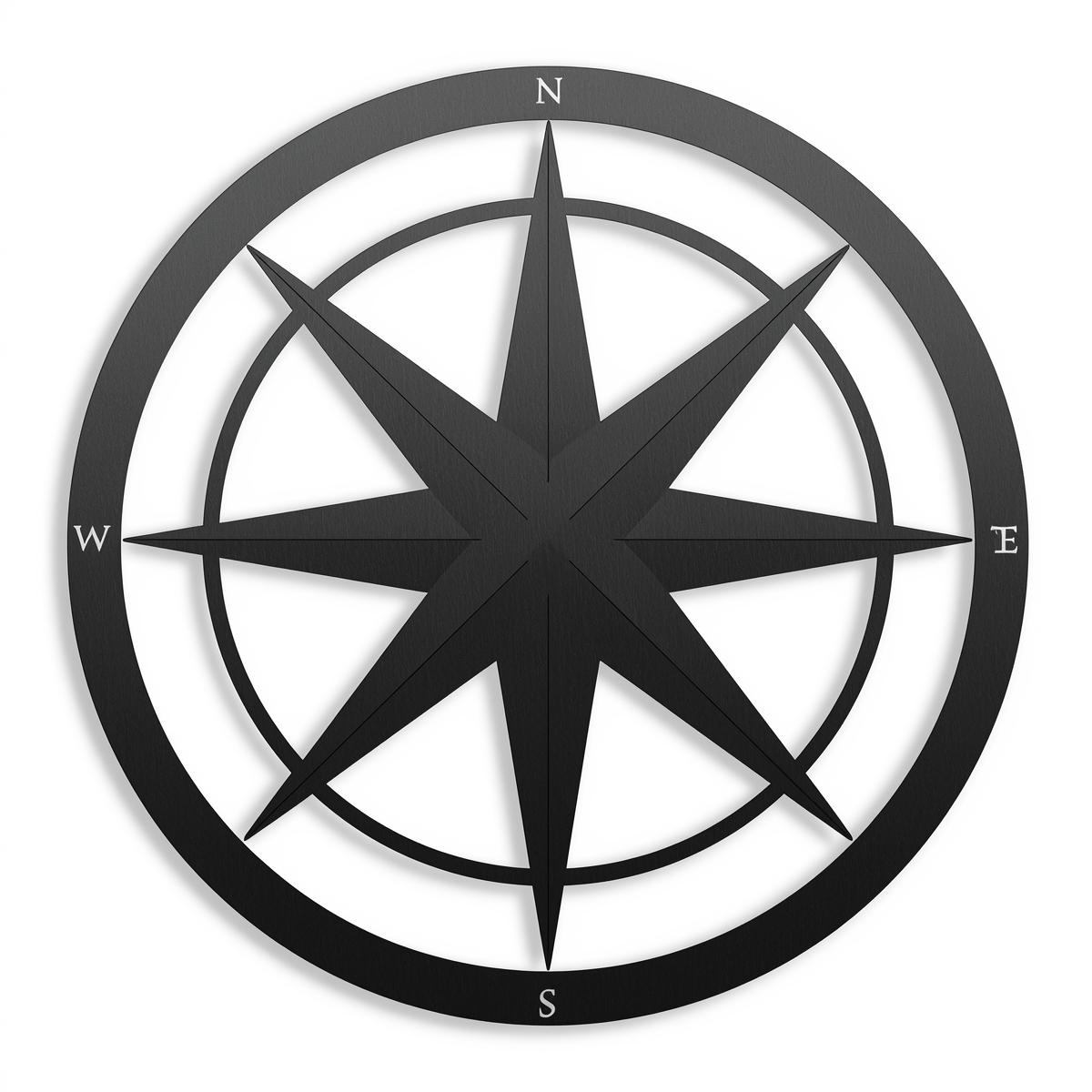 Czarna metalowa dekoracja ścienna w kształcie róży wiatrów – ośmiokierunkowy kompas w okręgu.