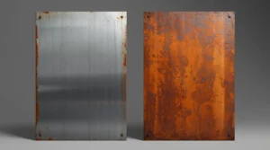 Porównanie efektu cortenu – po lewej surowa stal, po prawej panel z rdzawą patyną corten.