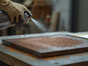 Aplikacja aktywatora rdzy – ręka w rękawicy natryskuje preparat na stalową płytę w warsztacie.