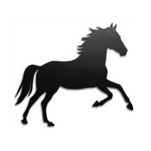 Metalowa dekoracja ścienna przedstawiająca konia w biegu, wycięta laserowo ze stali.