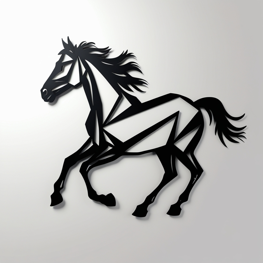 Metalowa dekoracja ścienna przedstawiająca konia w biegu, wycięta laserowo ze stali.