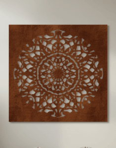 Panel dekoracyjny ażurowy Cortenowa Rozeta z metalu, okrągły wzór mandali w wykończeniu corten