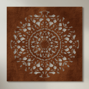 Panel dekoracyjny ażurowy Cortenowa Rozeta z metalu, okrągły wzór mandali w wykończeniu corten