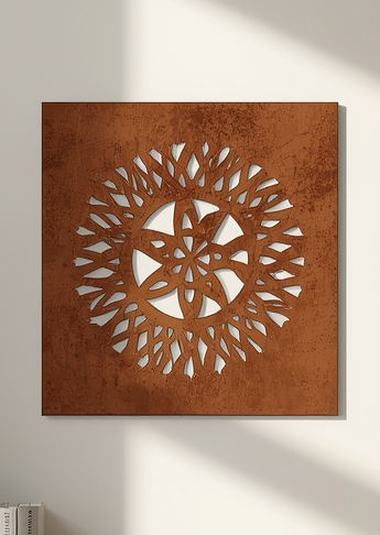 Panel dekoracyjny ażurowy Helios Corten z metalu, słoneczny wzór w wykończeniu corten