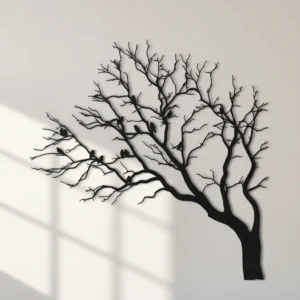 Dekoracja metalowa w kształcie gałęzi drzewa z ptakami, cięta laserowo, czarna.