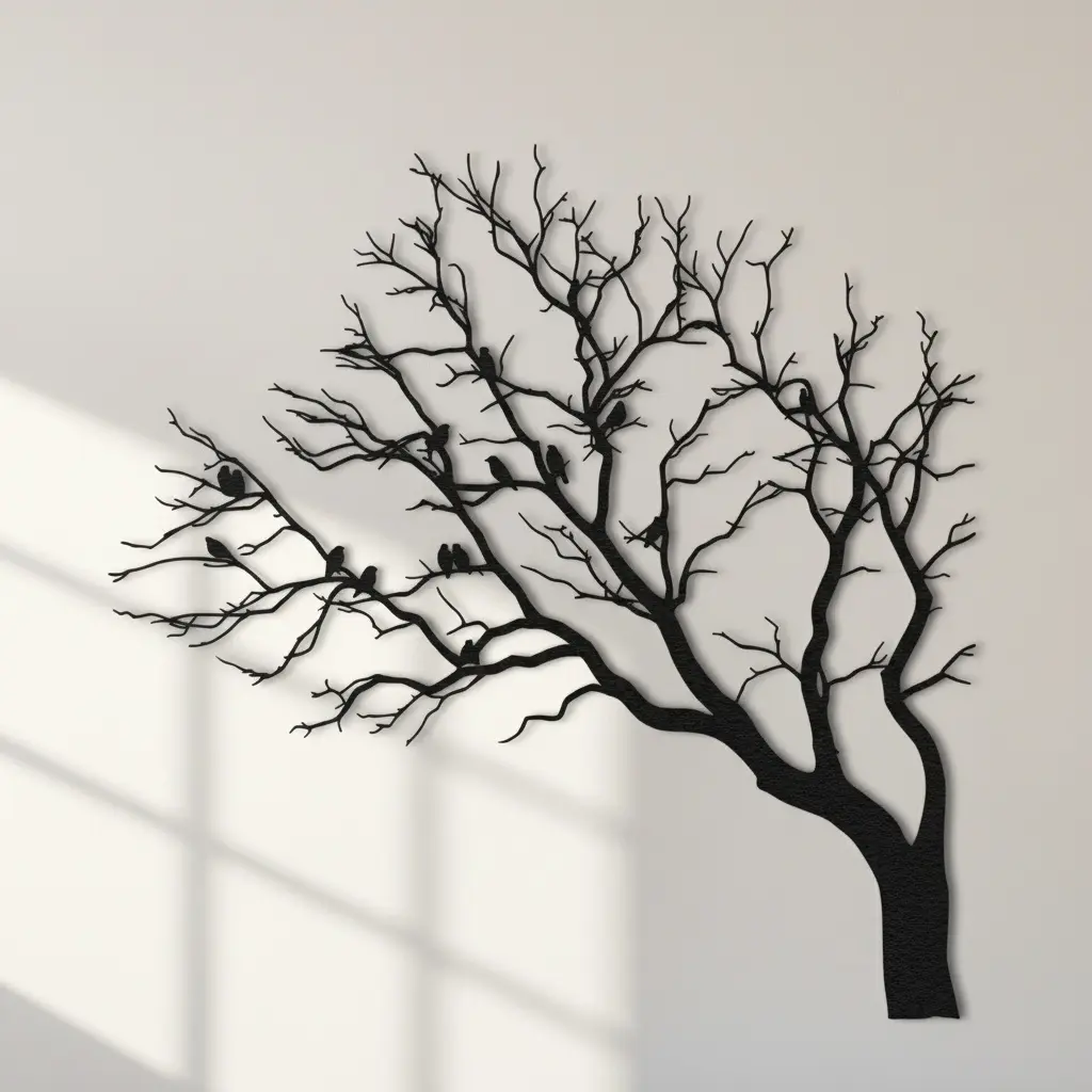 Dekoracja metalowa w kształcie gałęzi drzewa z ptakami, cięta laserowo, czarna.
