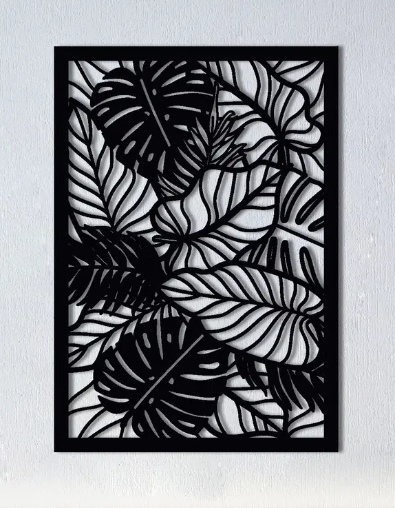 Dekoracja ścienna metalowa Tropical Leaves – czarna, przedstawiająca egzotyczne liście monstery i roślin tropikalnych.