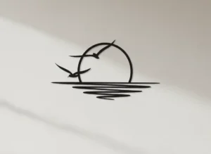 Panel metalowy Zachód Słońca – dekoracja ścienna z motywem słońca i ptaków, czarna stal malowana proszkowo