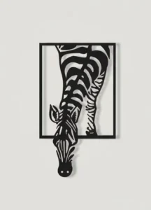 Dekoracja metalowa przedstawiająca zebrę wychodzącą z ramy, ozdoba ścienna w kolorze czarnym.