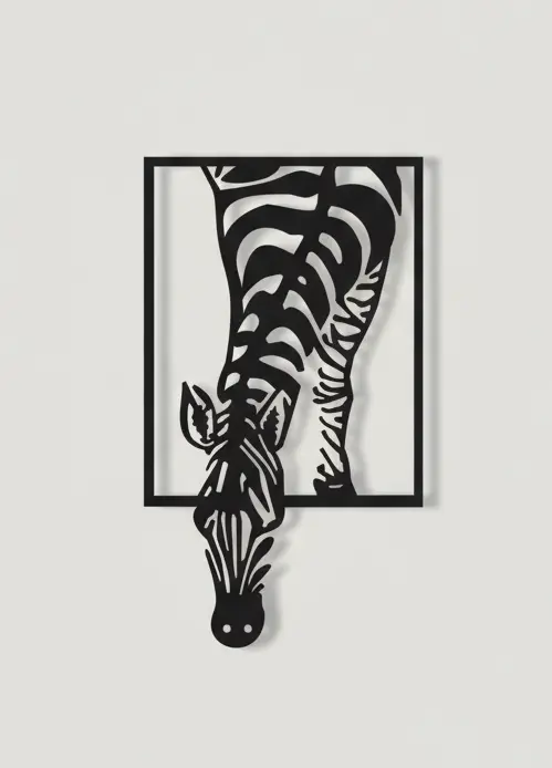 Dekoracja metalowa przedstawiająca zebrę wychodzącą z ramy, ozdoba ścienna w kolorze czarnym.