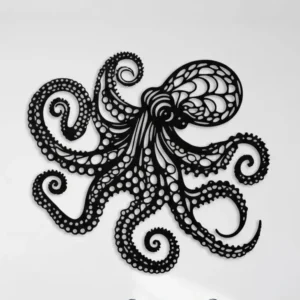 Dekoracja metalowa ośmiornica – czarna ozdoba ścienna ze stali ciętej laserowo.