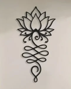 Dekoracja metalowa w kształcie kwiatu lotosu z ornamentem, czarna ozdoba ścienna wycinana laserowo