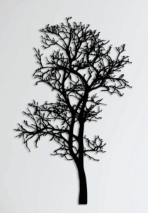 metalowa dekoracja ścienna drzewo jesienne, czarna ozdoba z ażurowymi gałęziami