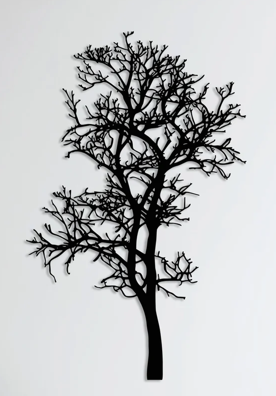 metalowa dekoracja ścienna drzewo jesienne, czarna ozdoba z ażurowymi gałęziami