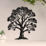 Dekoracja metalowa Drzewo Życia z liśćmi – czarna, wycinana laserowo ozdoba ścienna.
