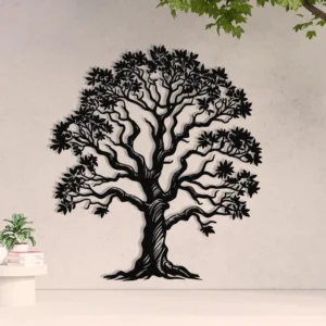 Dekoracja metalowa Drzewo Życia z liśćmi – czarna, wycinana laserowo ozdoba ścienna.