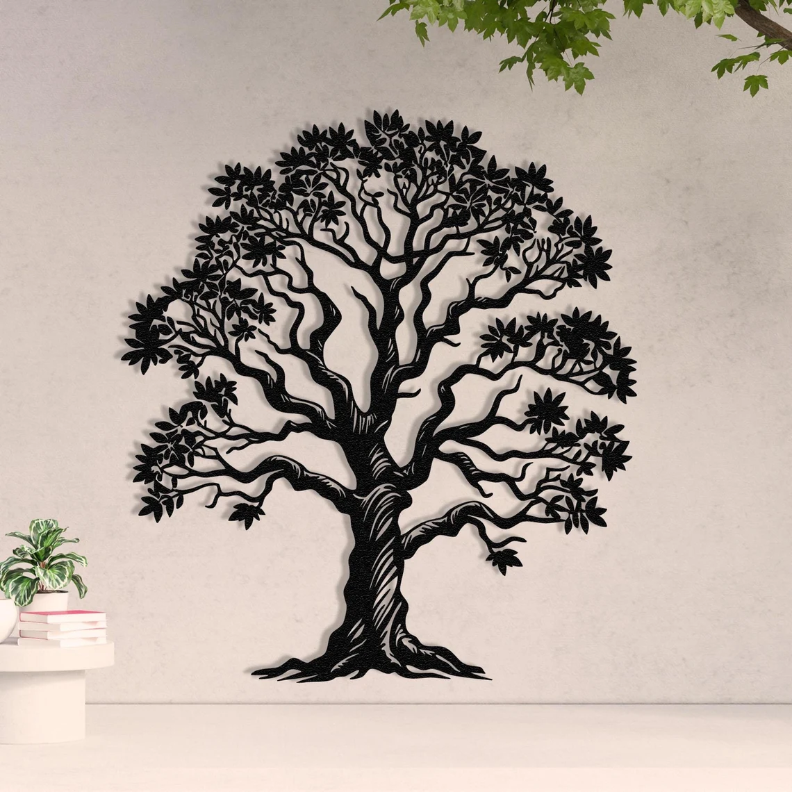 Dekoracja metalowa Drzewo Życia z liśćmi – czarna, wycinana laserowo ozdoba ścienna.