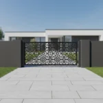 Panel ogrodzeniowy metalowy „Arabeska” – czarny, ozdobny wzór arabeski, eleganckie ogrodzenie.