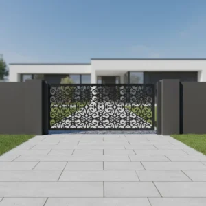 Panel ogrodzeniowy metalowy „Arabeska” – czarny, ozdobny wzór arabeski, eleganckie ogrodzenie.