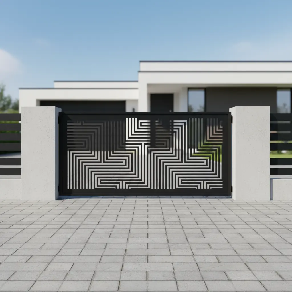 Panel ogrodzeniowy metalowy Labirynt – czarny, geometryczny wzór laserowy