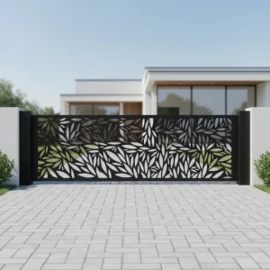 Panel ogrodzeniowy metalowy z ażurowym wzorem liści, nowoczesny design, malowanie proszkowe.