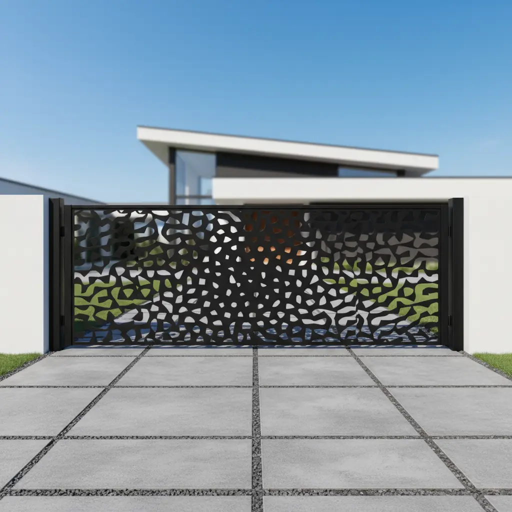 Czarny metalowy panel ogrodzeniowy Koral z ażurowym wzorem inspirowanym koralowcami, zamontowany na tle nowoczesnego domu.