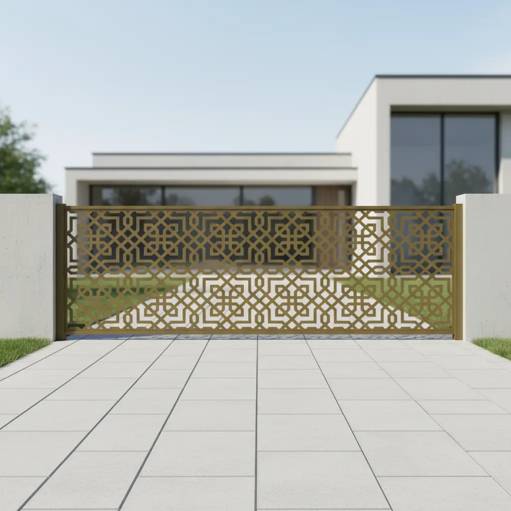 Panel ogrodzeniowy metalowy w kolorze złotym z geometrycznym wzorem, nowoczesna dekoracja ogrodu i elewacji.