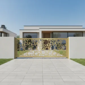 Panel ogrodzeniowy metalowy złoty z motywem fal i okręgów.