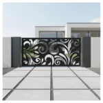 Panel ogrodzeniowy metalowy Ornament Liść – czarny, ażurowy wzór z motywem liści i ornamentów.