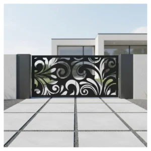 Panel ogrodzeniowy metalowy Ornament Liść – czarny, ażurowy wzór z motywem liści i ornamentów.