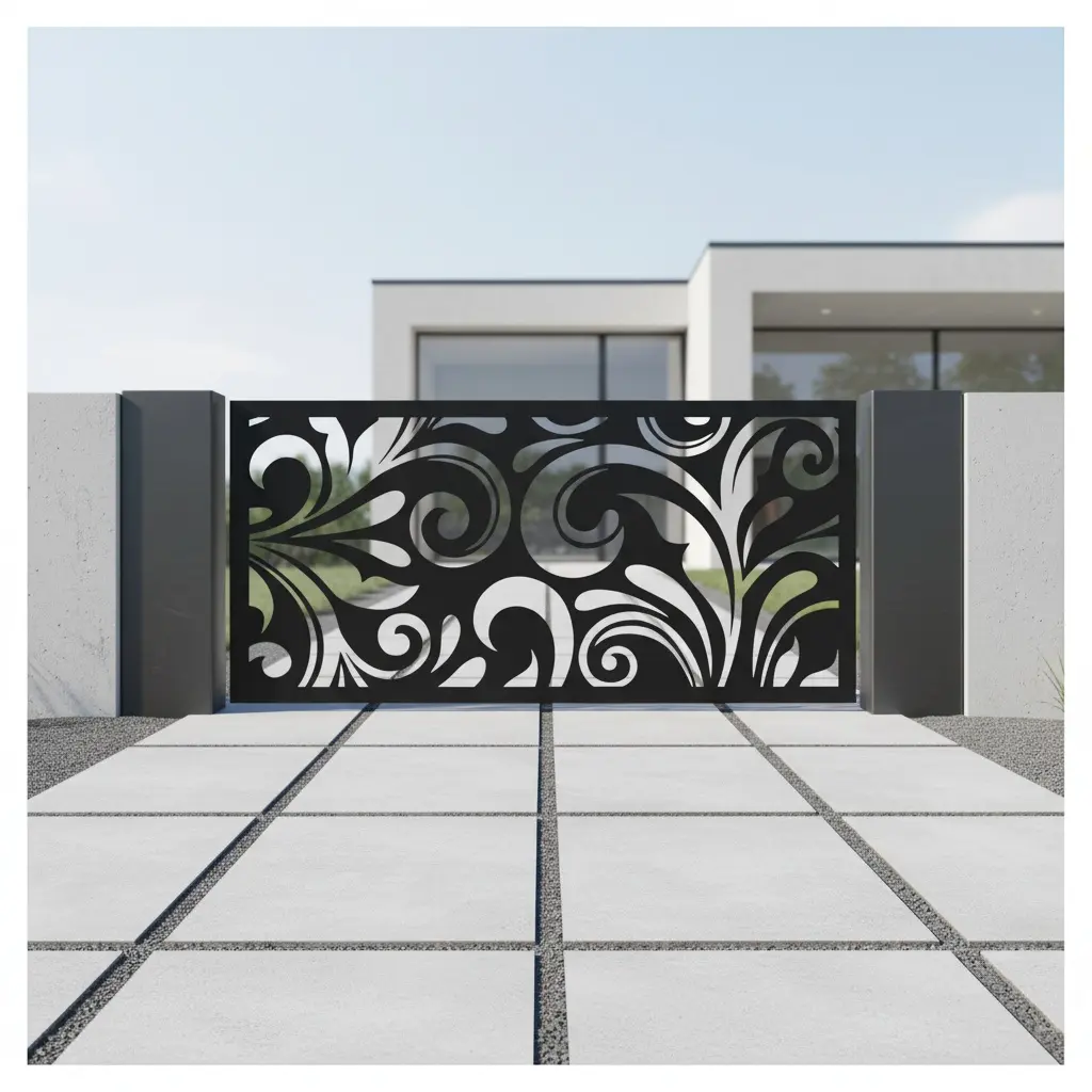 Panel ogrodzeniowy metalowy Ornament Liść – czarny, ażurowy wzór z motywem liści i ornamentów.