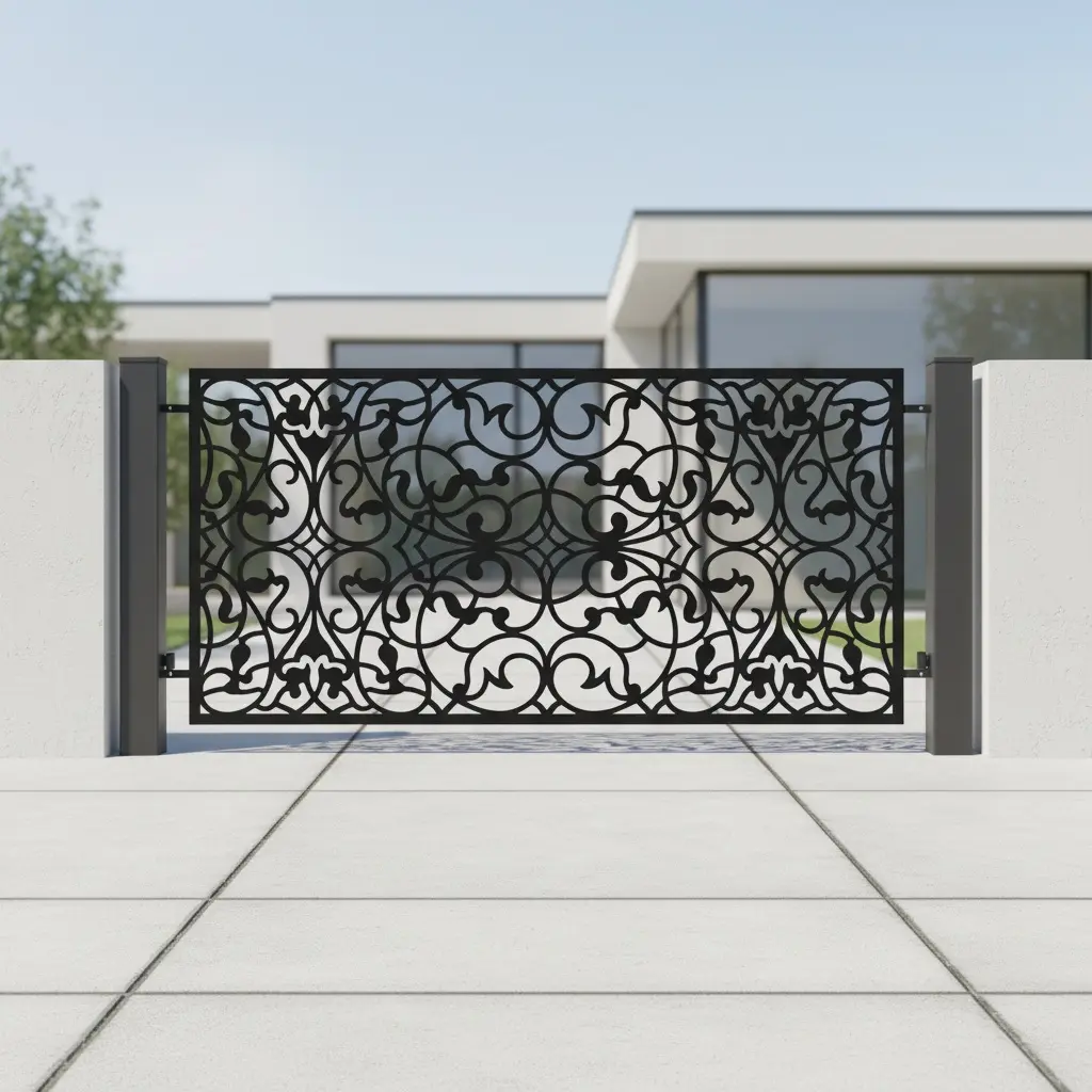 Czarny panel ogrodzeniowy metalowy z klasycznym ornamentem, zdobiony bogatymi motywami roślinnymi.