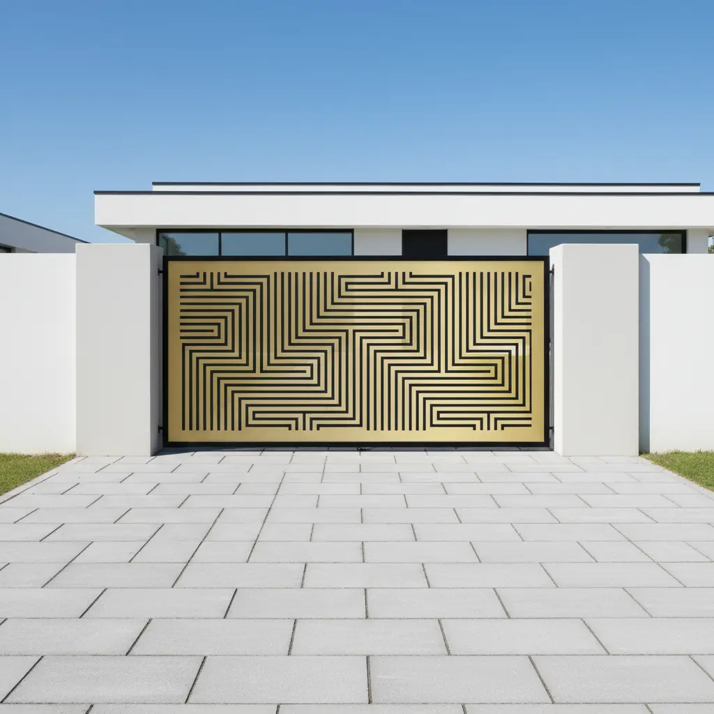 Panel ogrodzeniowy metalowy złoty z geometrycznym wzorem labiryntu – nowoczesny design.