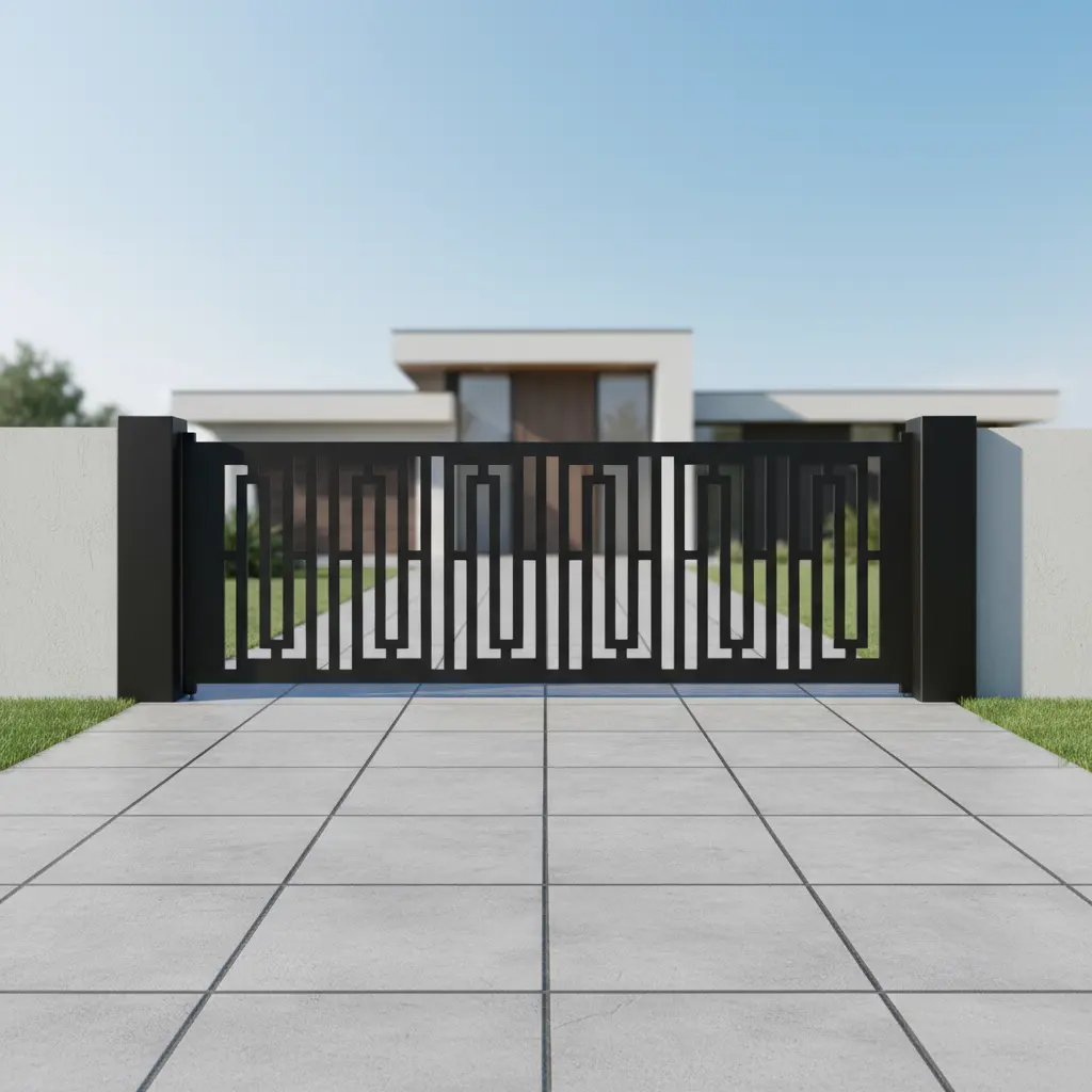 Czarny panel ogrodzeniowy metalowy z geometrycznym wzorem labiryntu, model Labirynt Klasyczny.