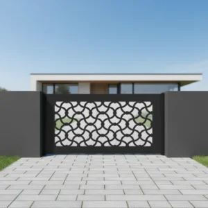 Czarny panel ogrodzeniowy metalowy Maroko z orientalnym, geometrycznym wzorem.