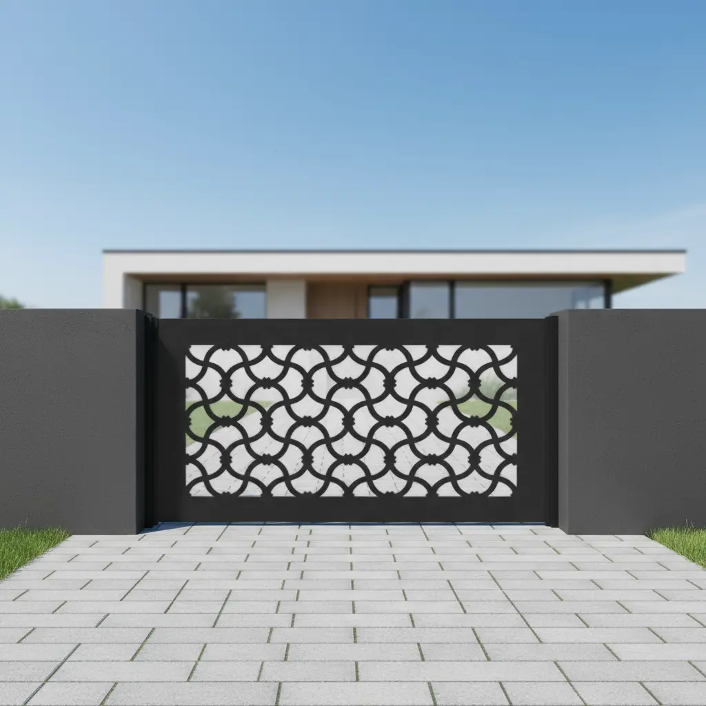 Czarny panel ogrodzeniowy metalowy Maroko z orientalnym, geometrycznym wzorem.